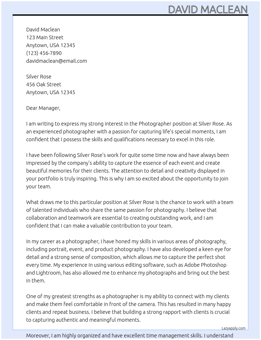 photographer At Silver Rose Cover Letter