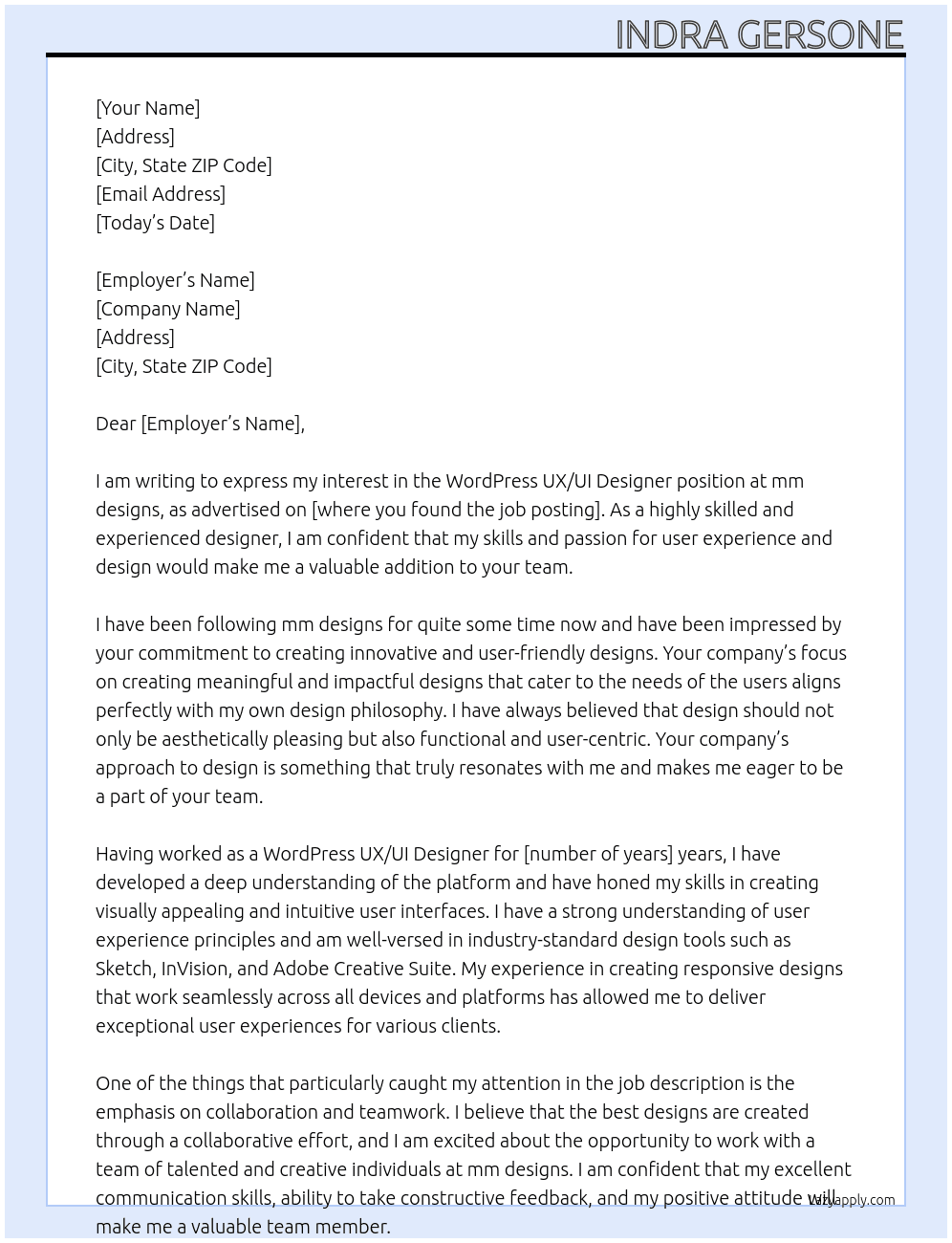 WordPress UX/UI Designer At mm designs Cover Letter