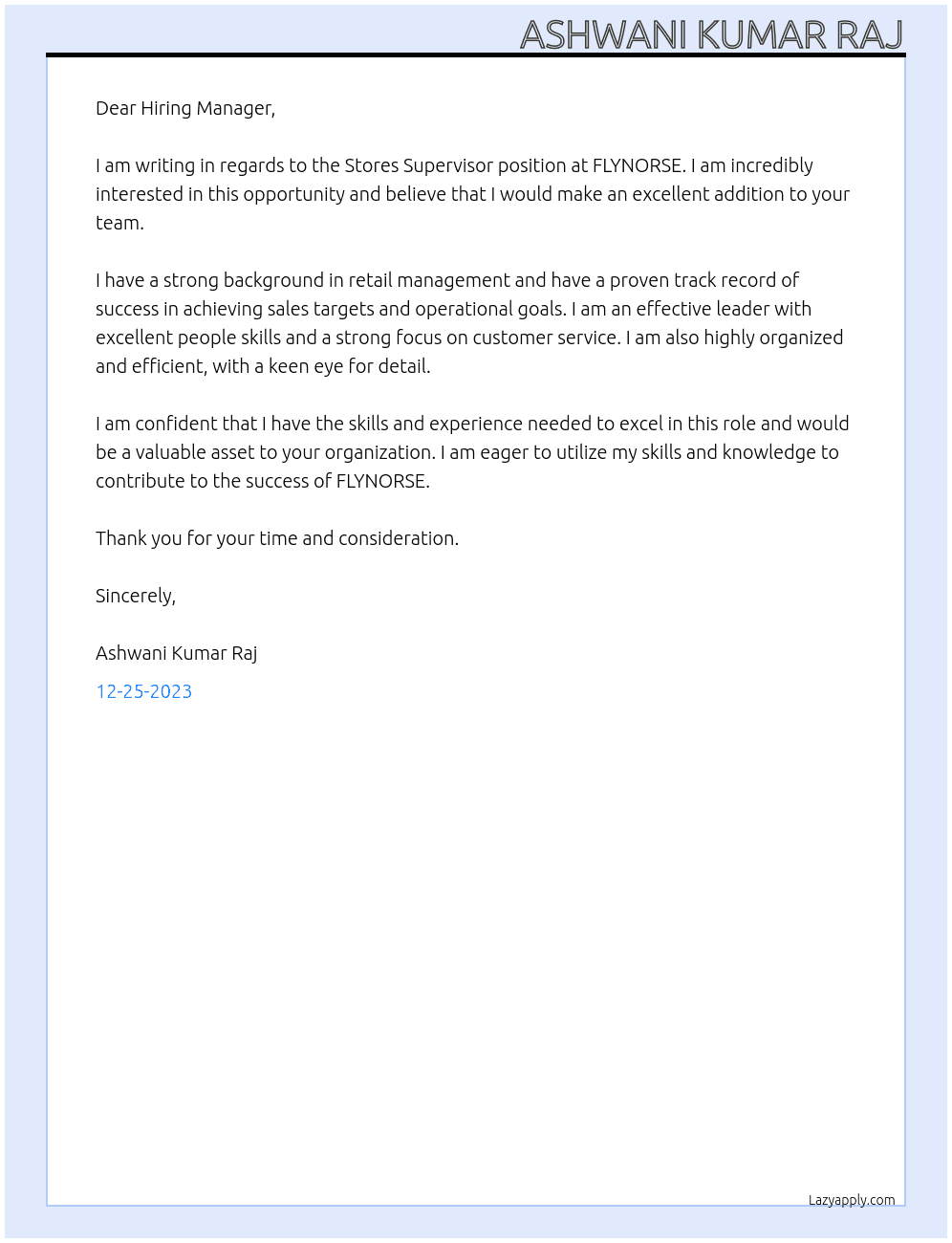 Stores Supervisor At FLYNORSE Cover Letter