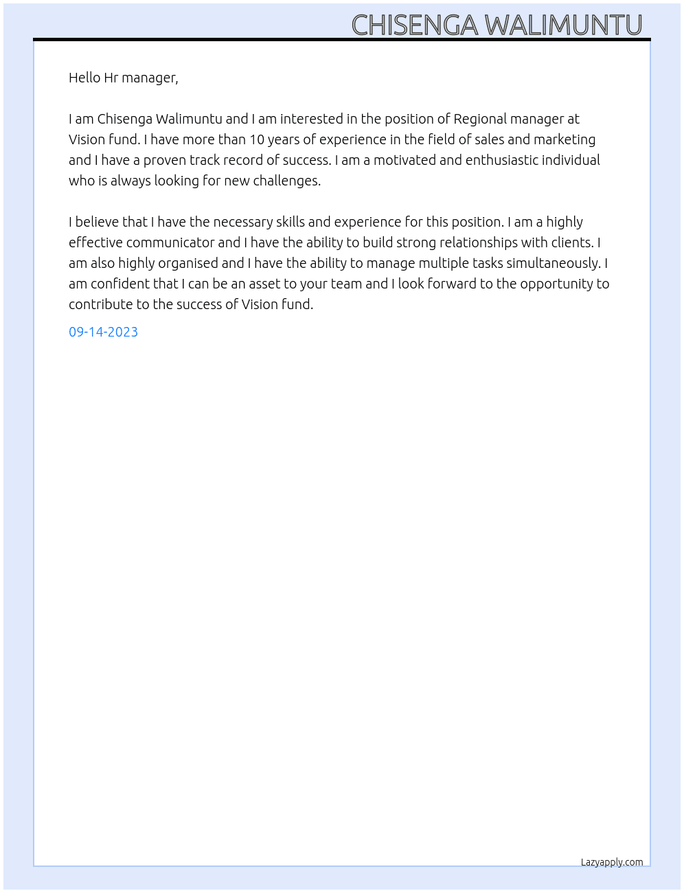 Regional manager At Vision fund Cover Letter
