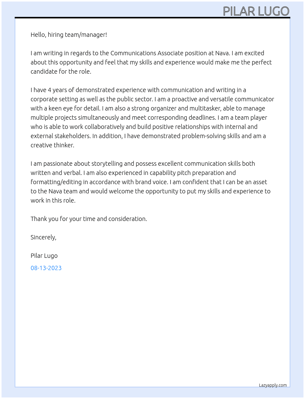 Communications Associate At Nava Cover Letter
