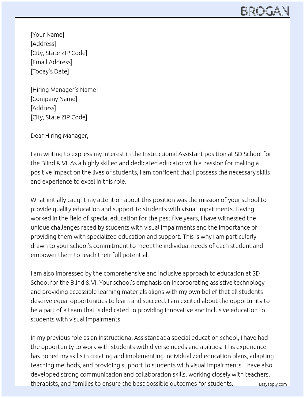 Instructional Assistant At SD School for the Blind & VI Cover Letter