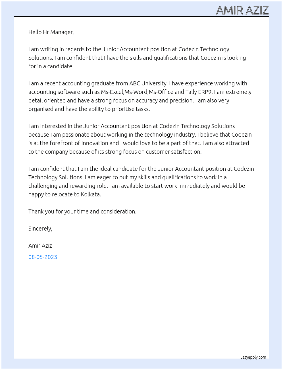 Junior Accountant At Codezin Technology Solutions Cover Letter