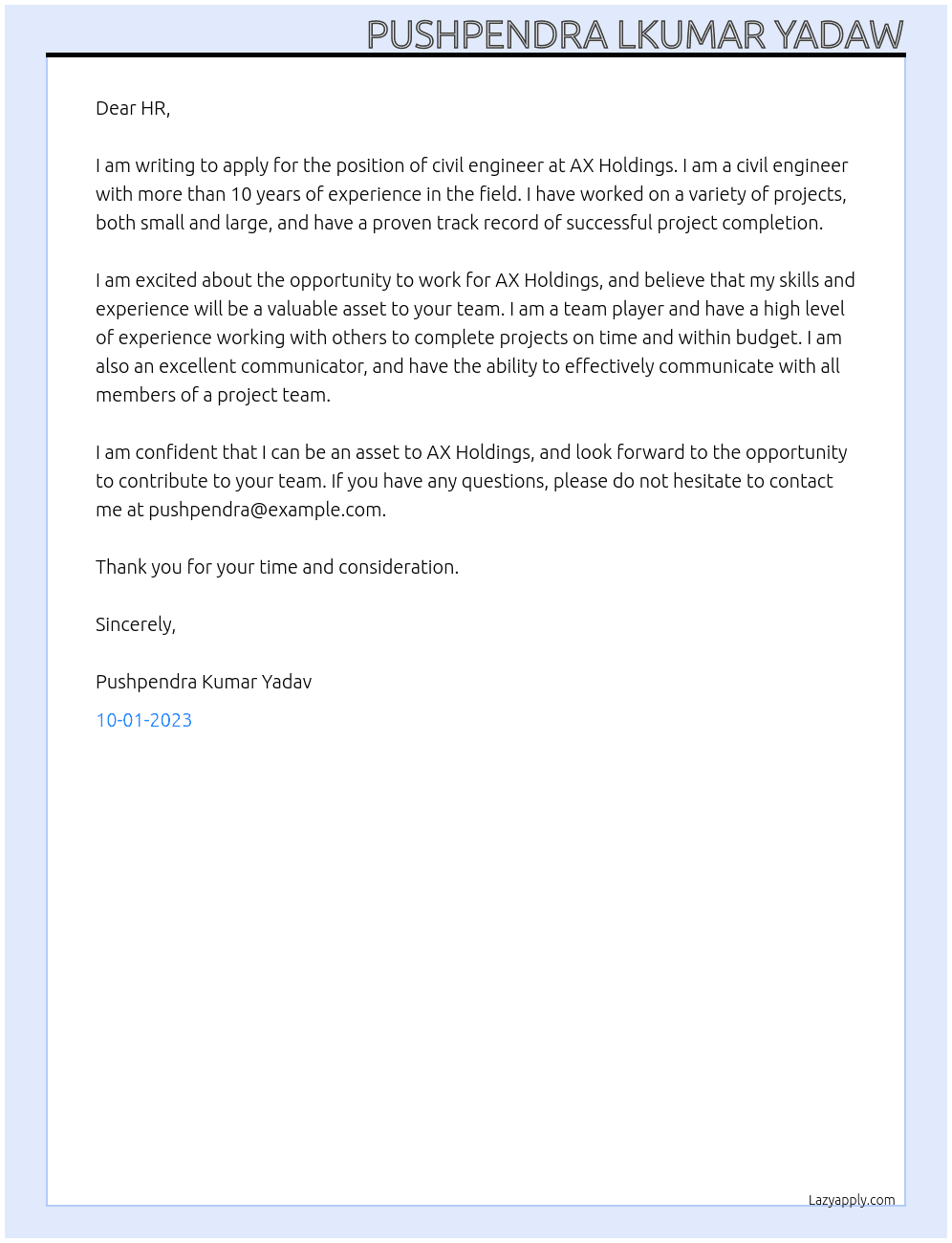 civil engineer At AX Holdings Cover Letter