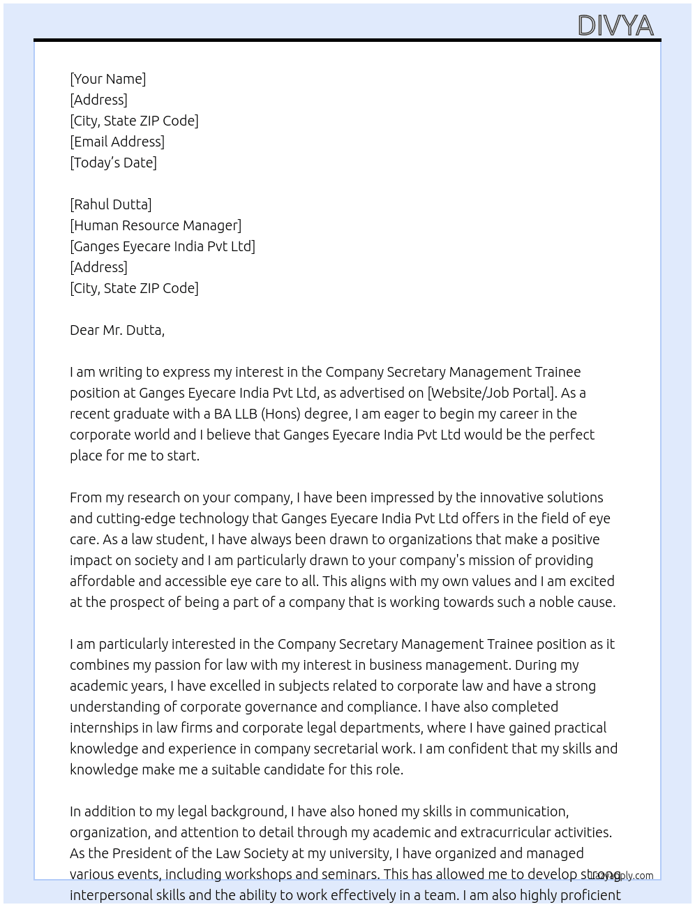 Company Secretary Management Trainee At Ganges Eyecare India Pvt Ltd Cover Letter