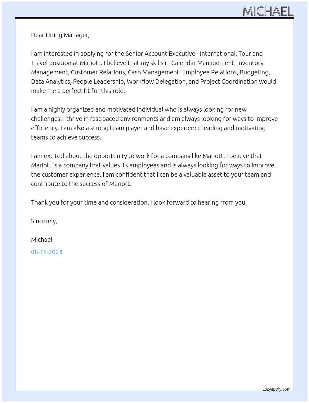 Senior Account Executive - International, Tour and Travel At Mariott Cover Letter