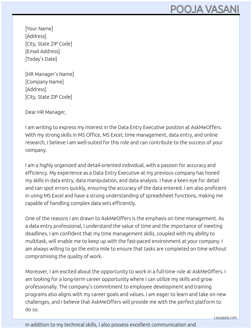 Data Entry Executive At AskMeOffers Cover Letter