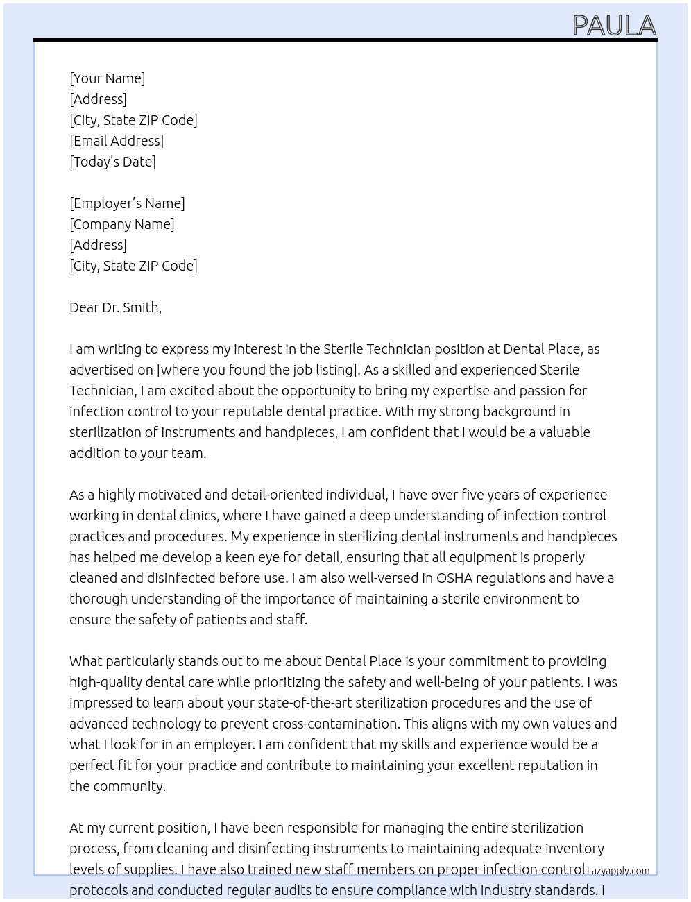 Sterile Technician At Dental Place Cover Letter
