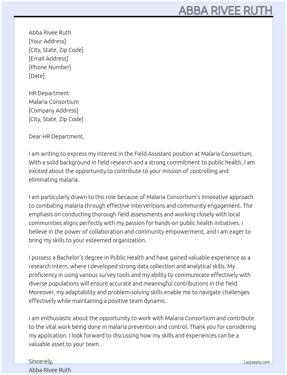 field assistant At malaria consortium Cover Letter