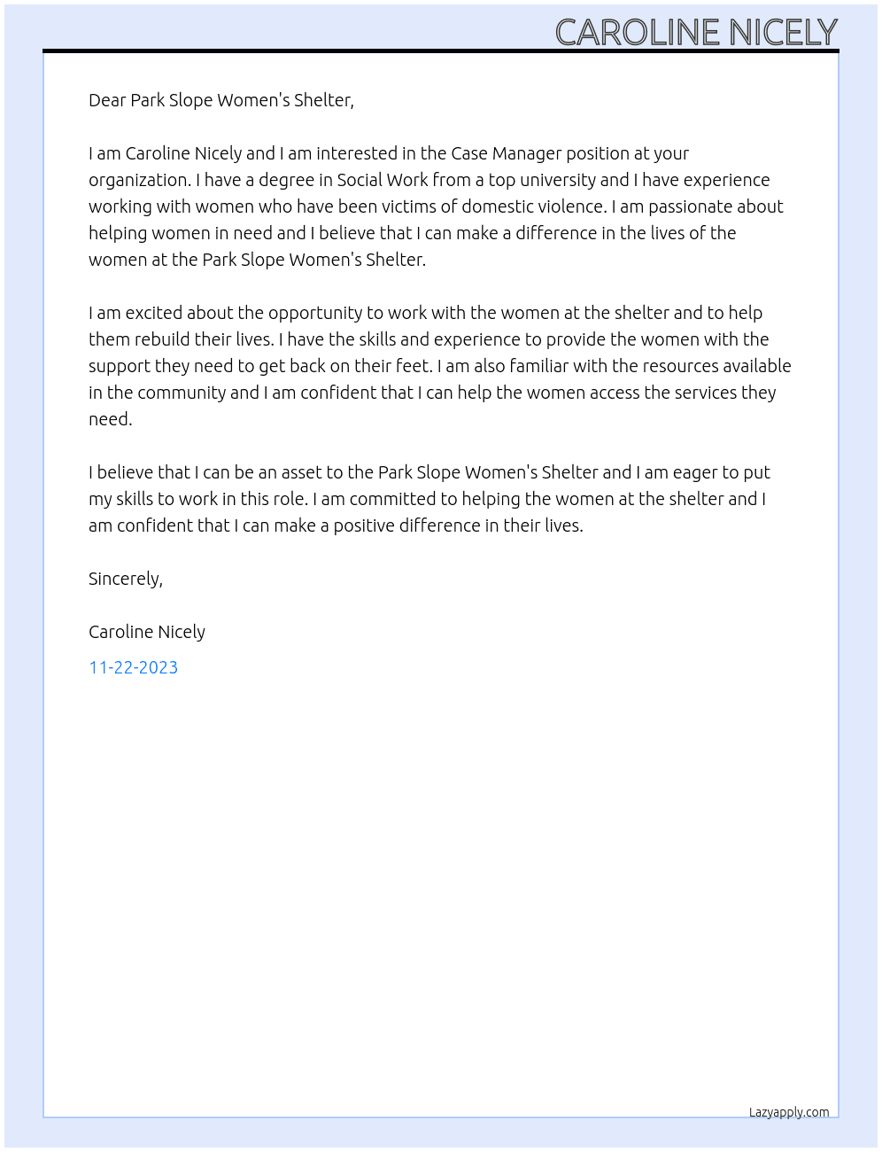 Case Manager At Park Slope Women's Shelter Cover Letter