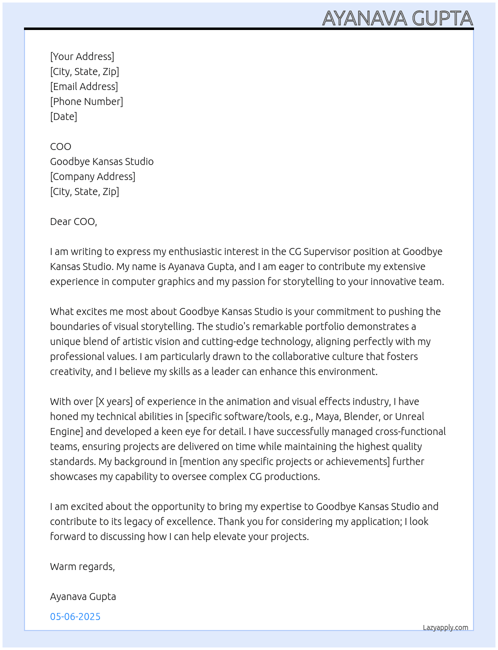 CG Supervisor At Goodbye Kansas Studio Cover Letter