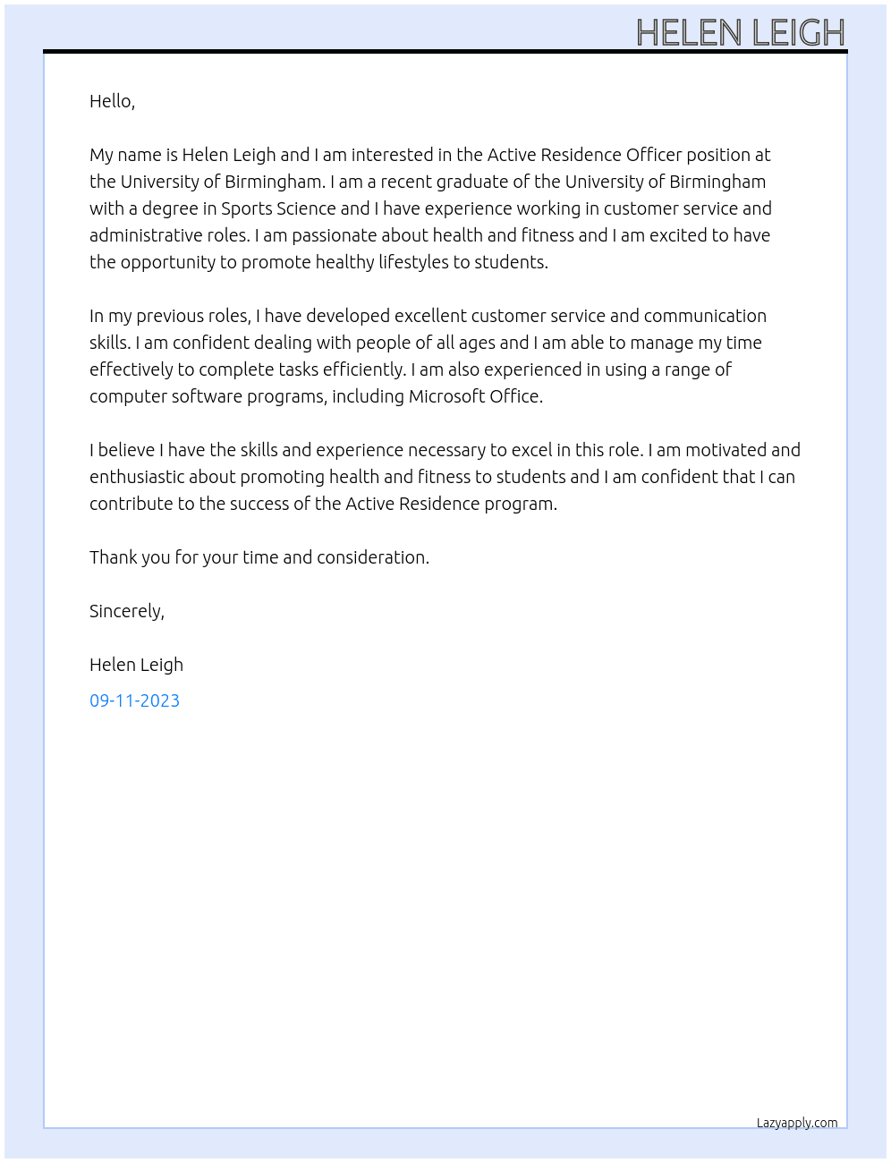 Active Residence officer At University of Birmingham Cover Letter