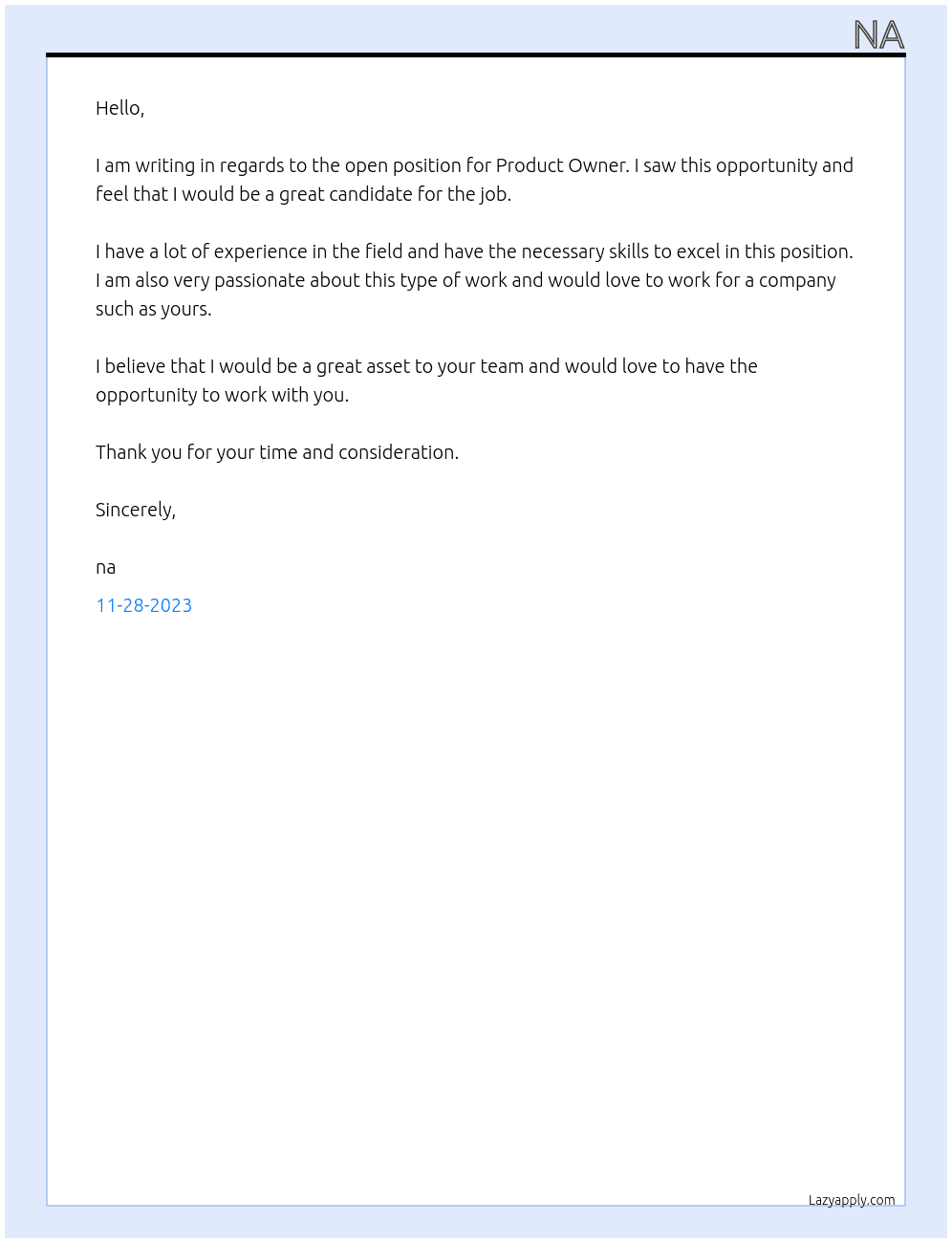 Product Owner At na Cover Letter