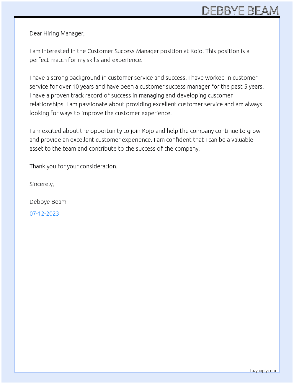 Customer Success Manager  At Kojo  Cover Letter