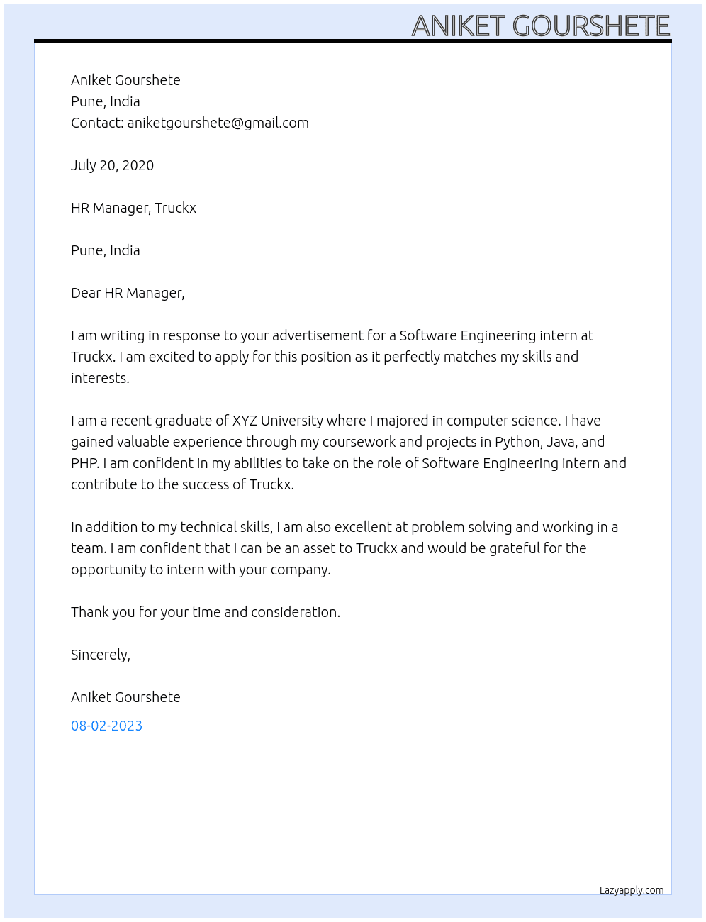 Software Engineering intern  At Truckx Cover Letter