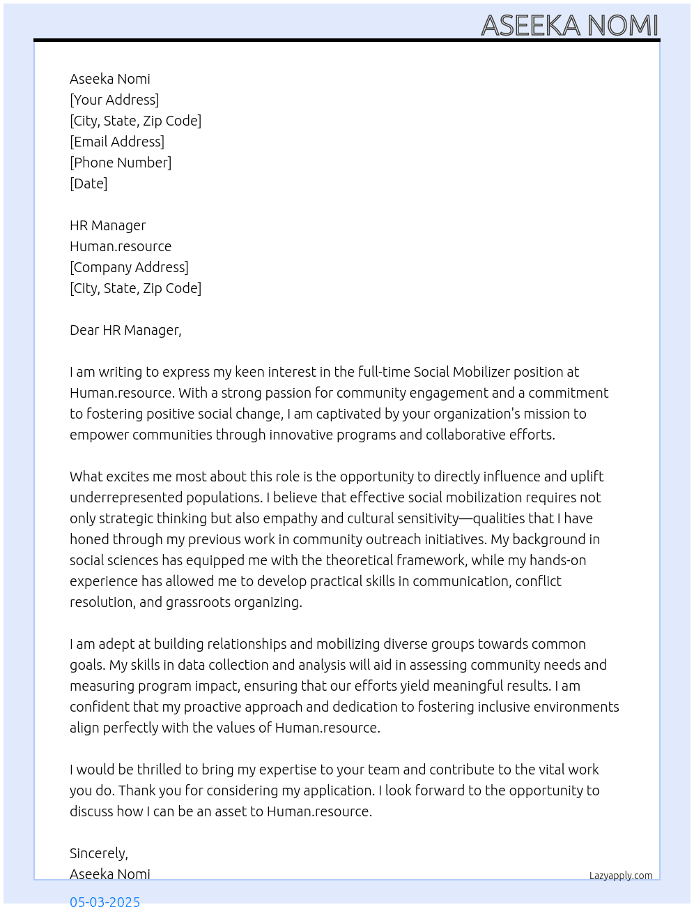 Social mobilizer At Human.resource Cover Letter