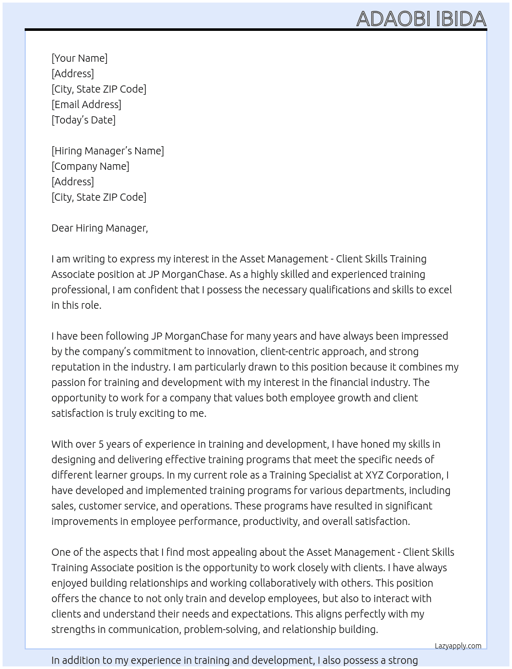 Asset Management - Client Skills Training Associate At JP MorganChase Cover Letter