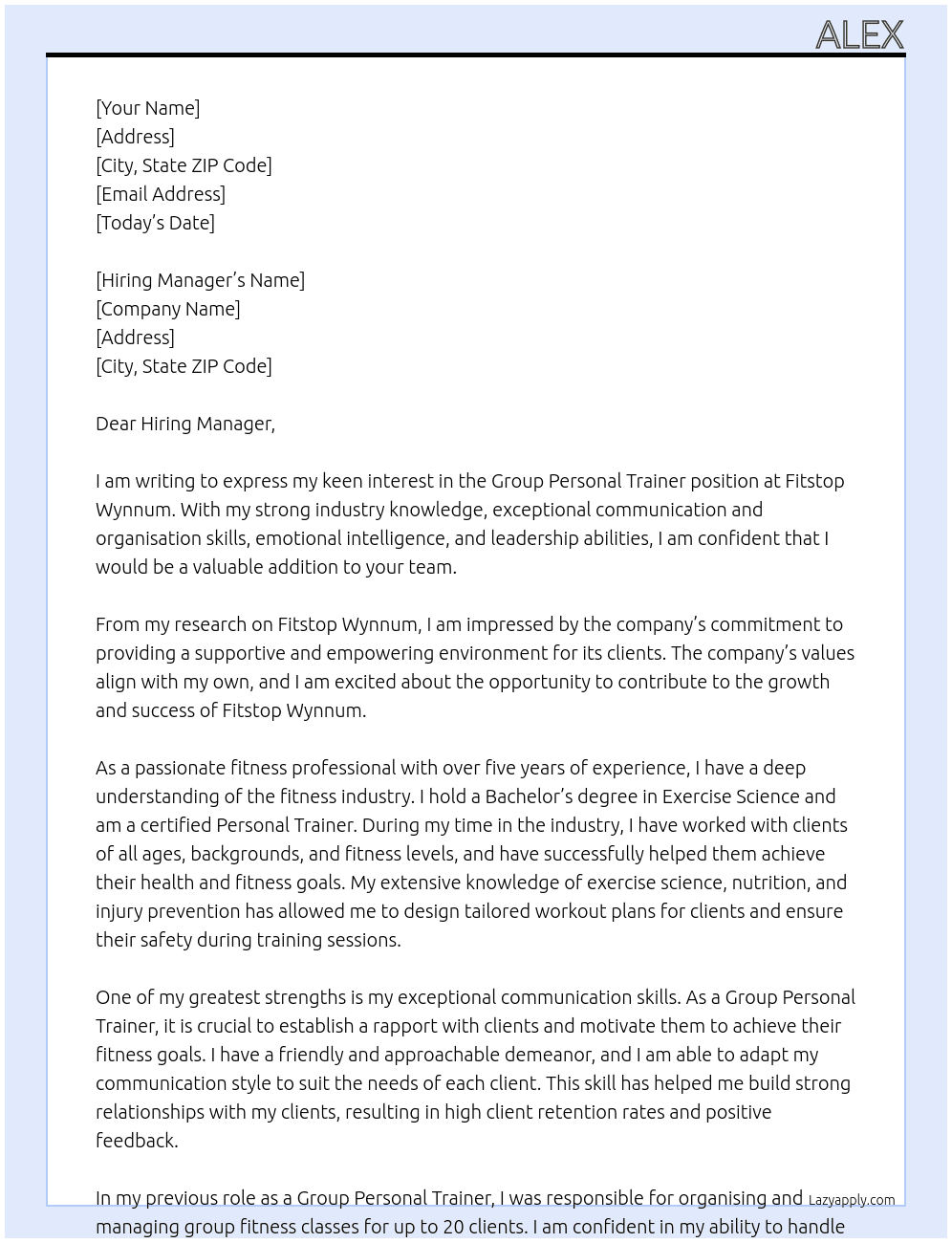 Group Personal Trainer At Fitstop Wynnum Cover Letter