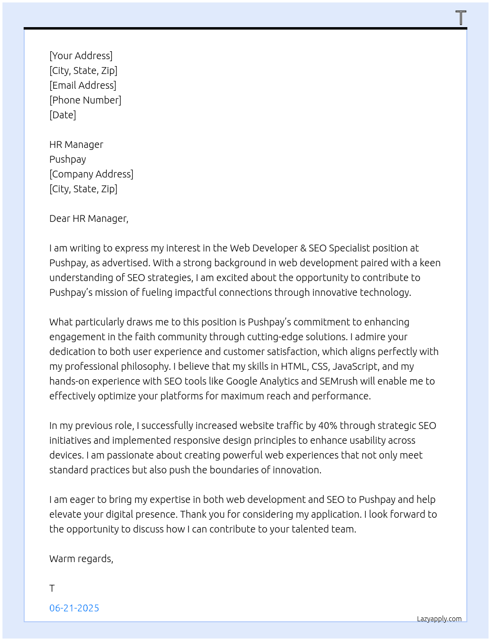 Web Developer & SEO Specialist At Pushpay Cover Letter