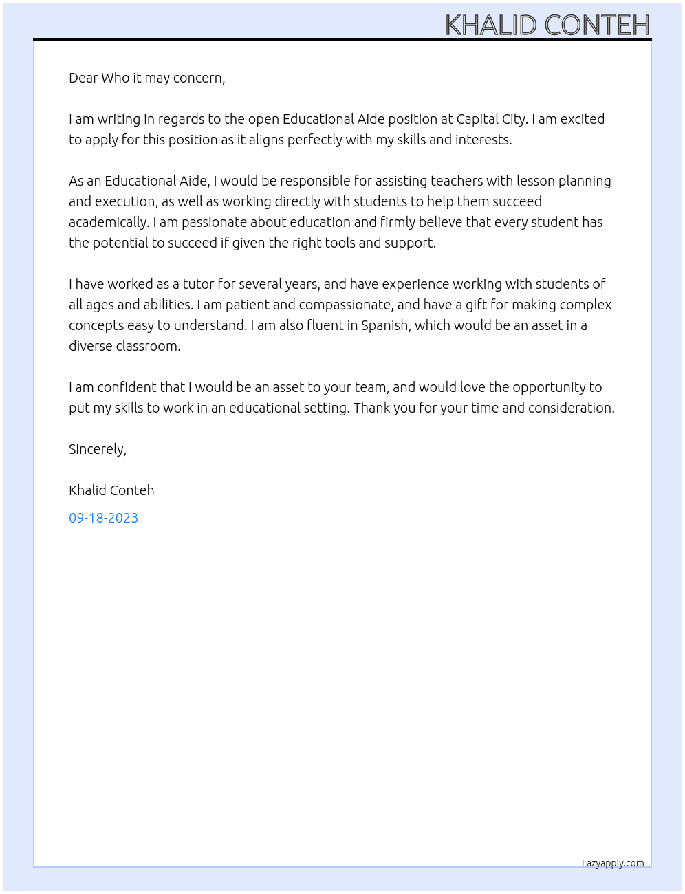 Educational Aide At Capital City Cover Letter