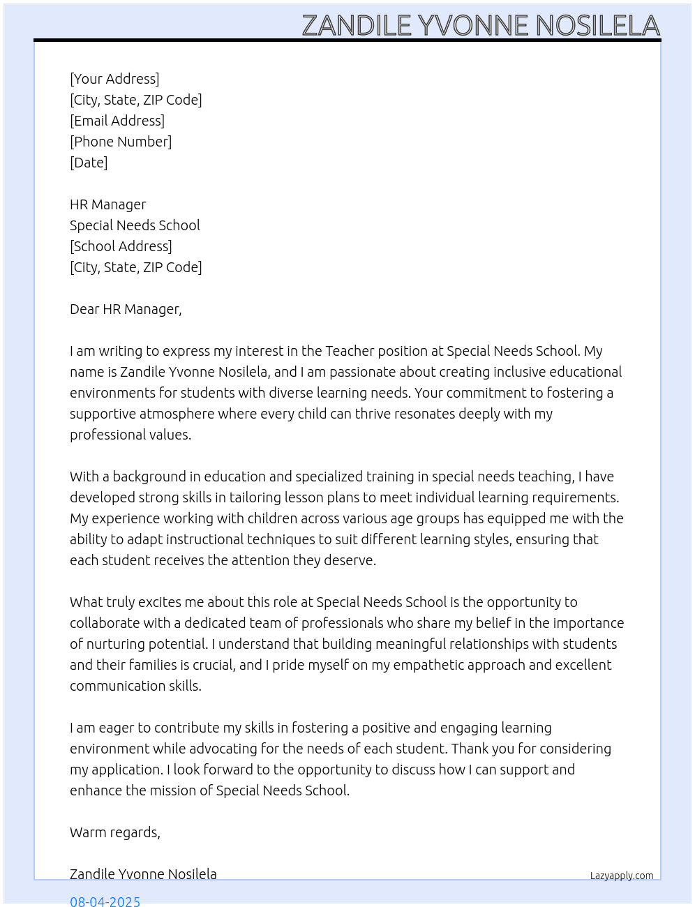 Teacher At SPECIAL NEEDS SCHOOL Cover Letter