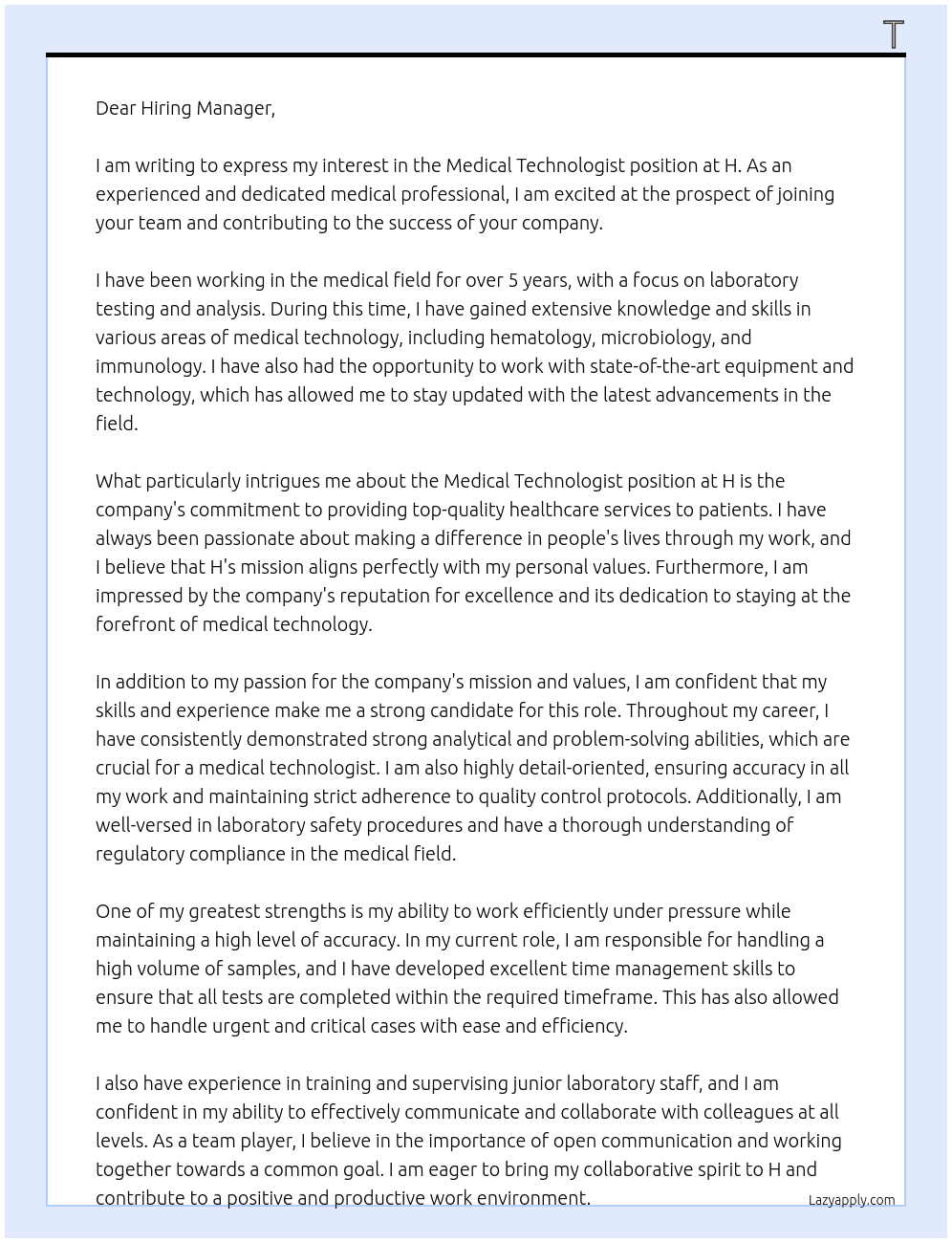Medical technologist At H Cover Letter