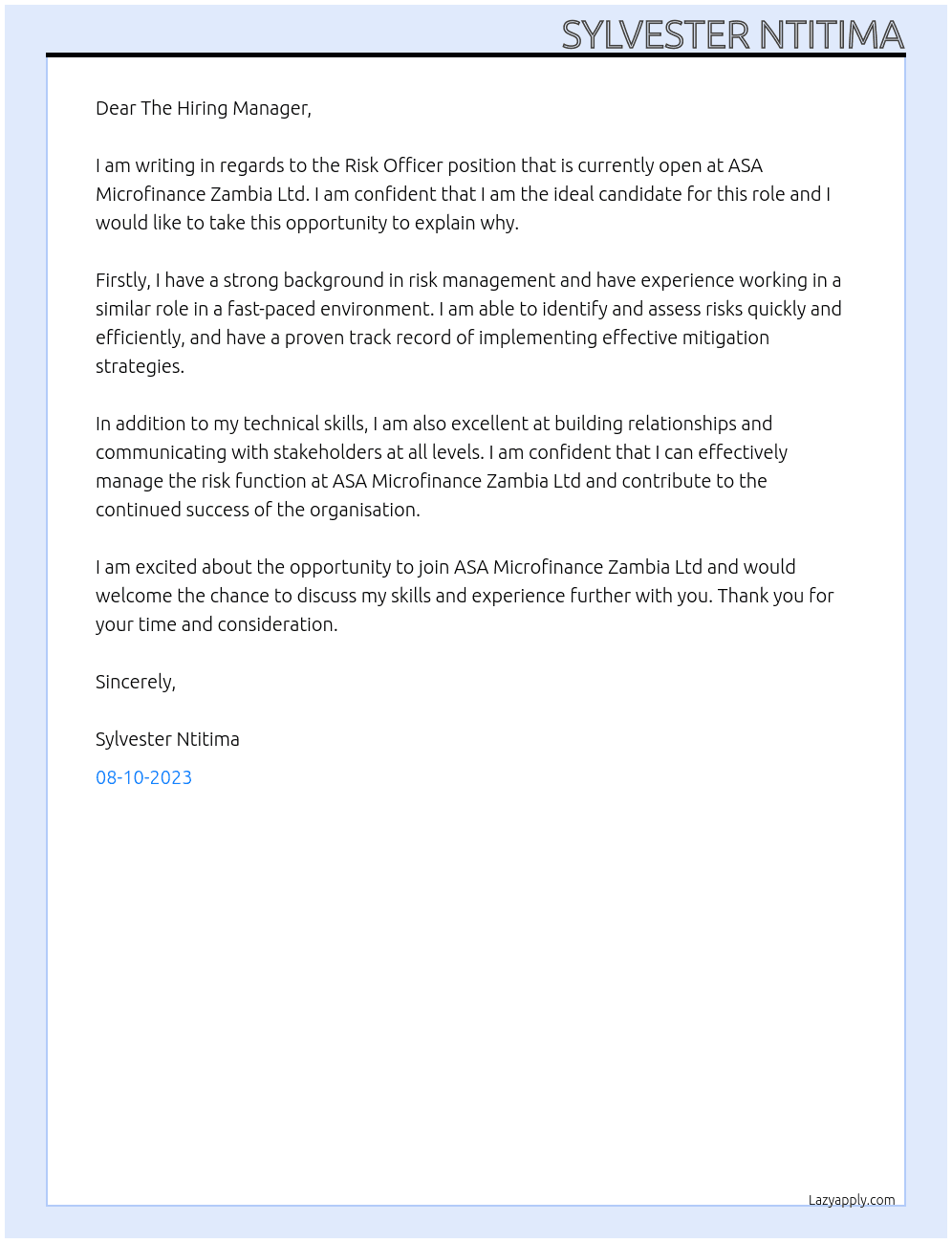 Risk Officer At ASA Microfinance Zambia Ltd Cover Letter