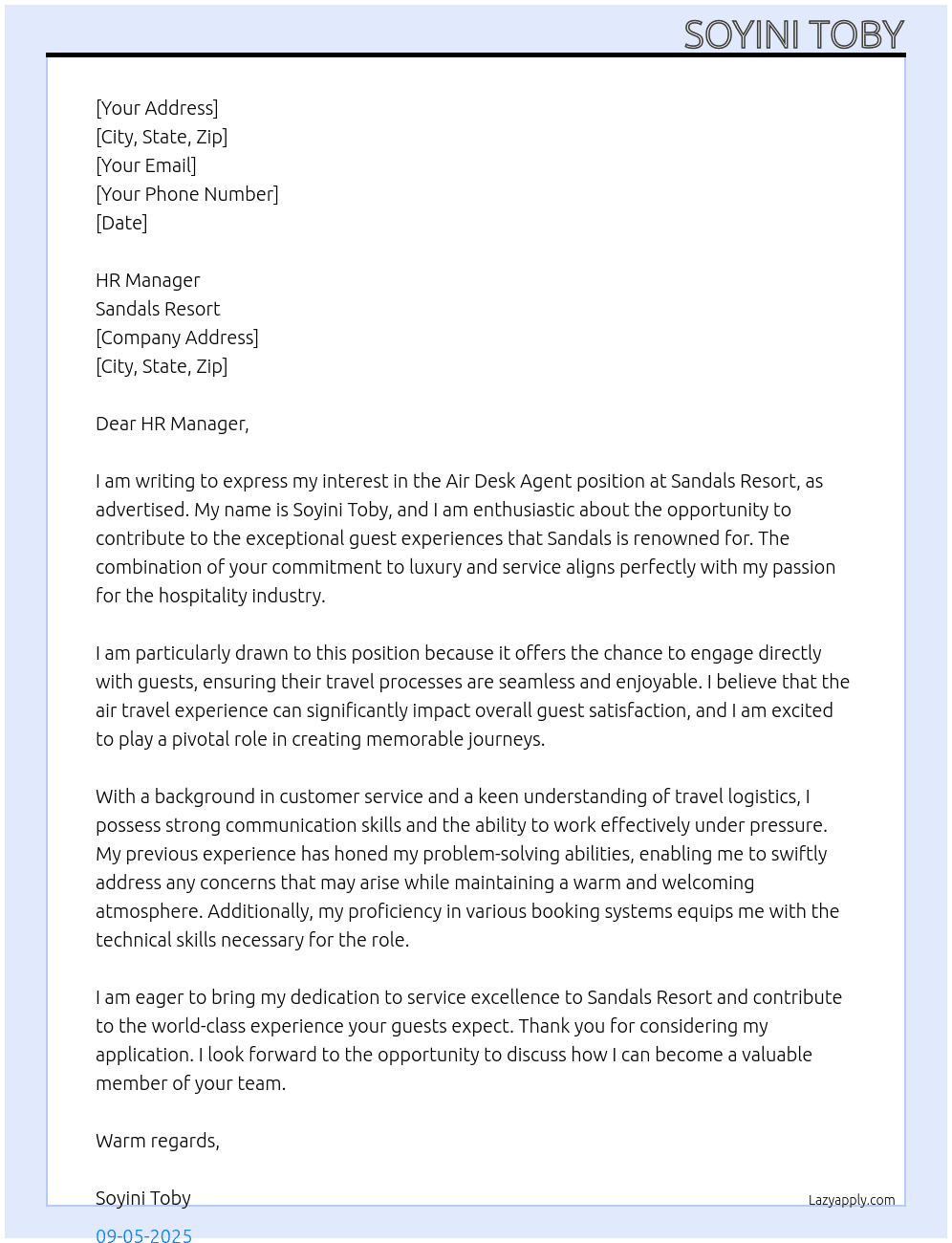 Air desk agent At Sandals Resort Cover Letter