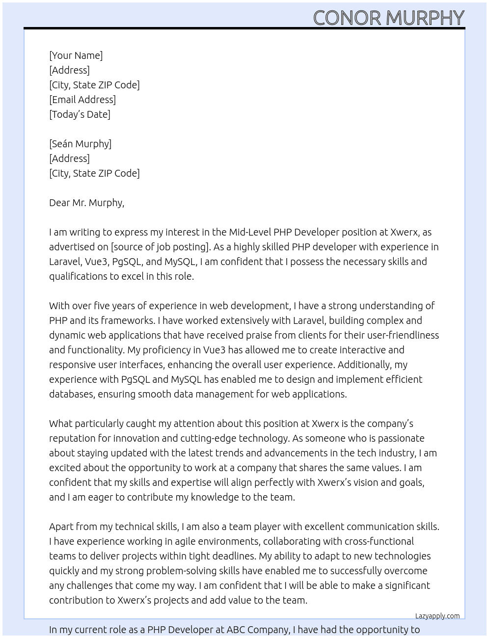 Mid-Level PHP Developer At Xwerx Cover Letter