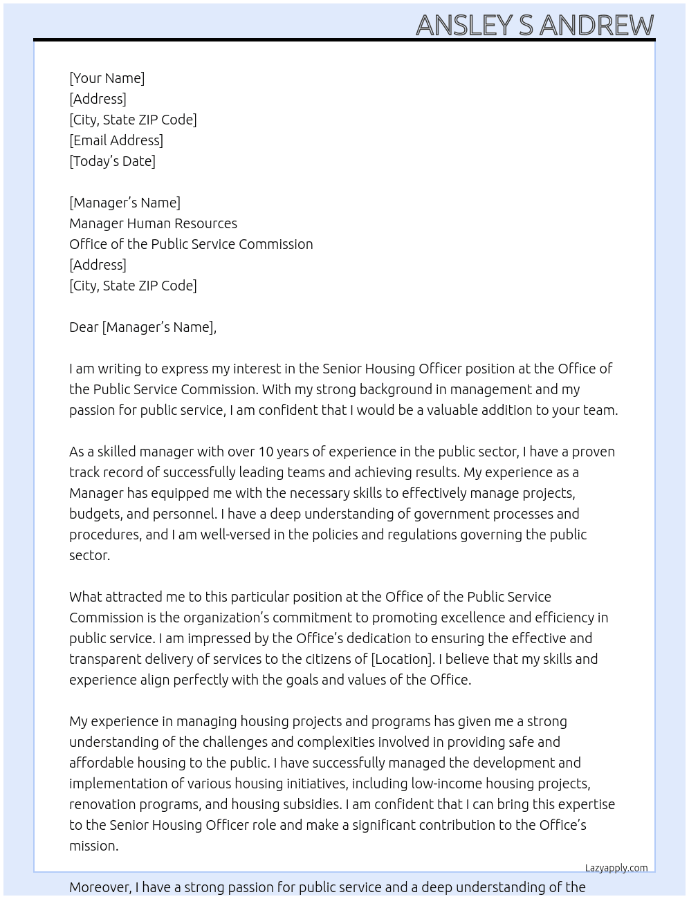 Senior Housing Officer At Office of the Public Service Commssion Cover Letter