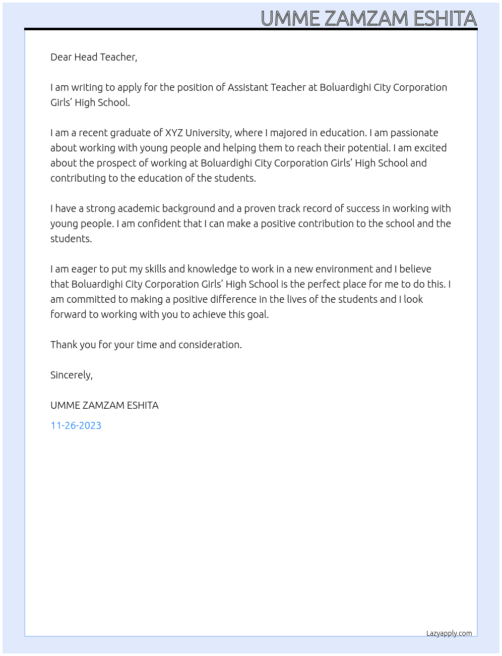 Assistant Teacher  At Boluardighi City Corporation Girls’ High School Cover Letter