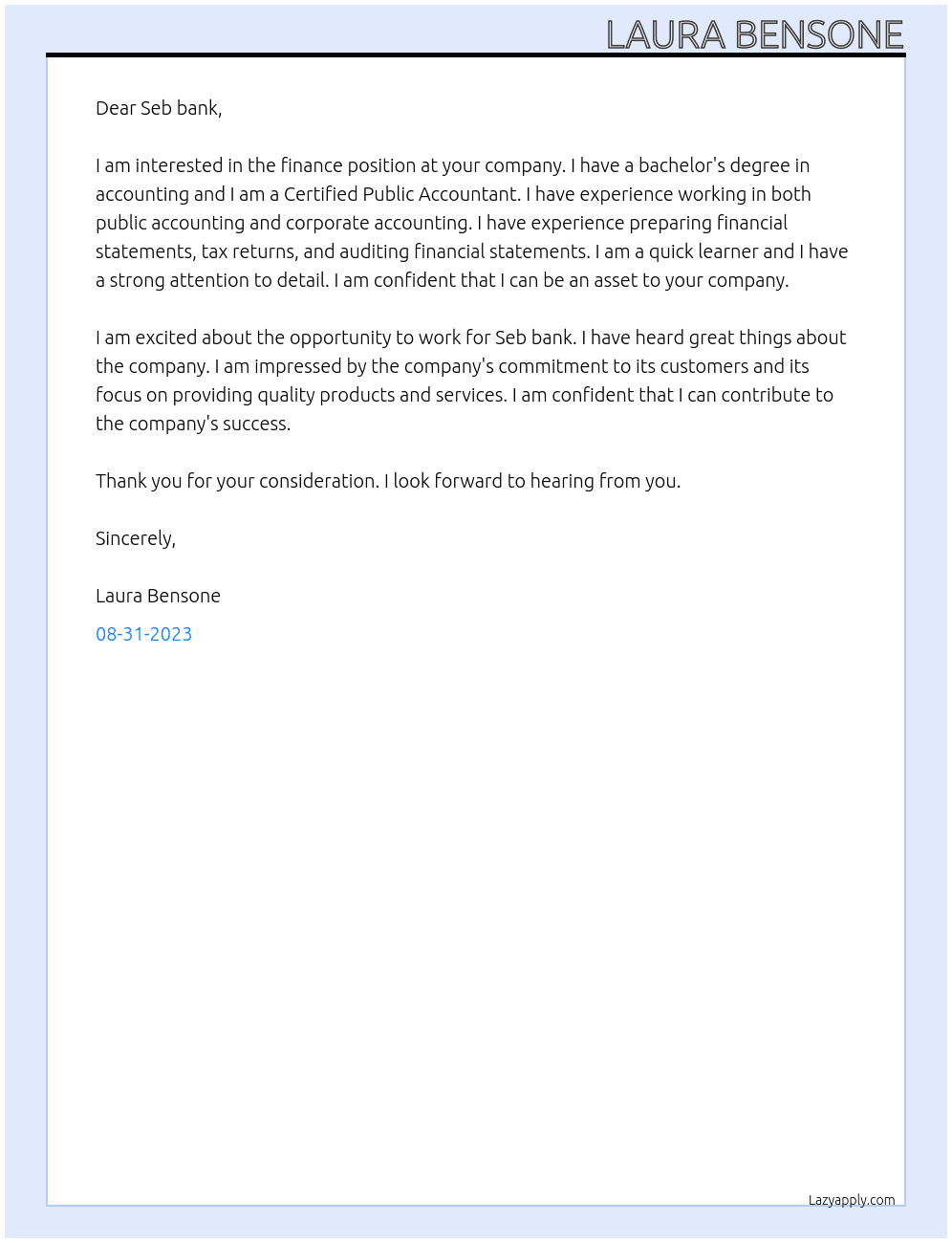 Finance At Seb bank Cover Letter