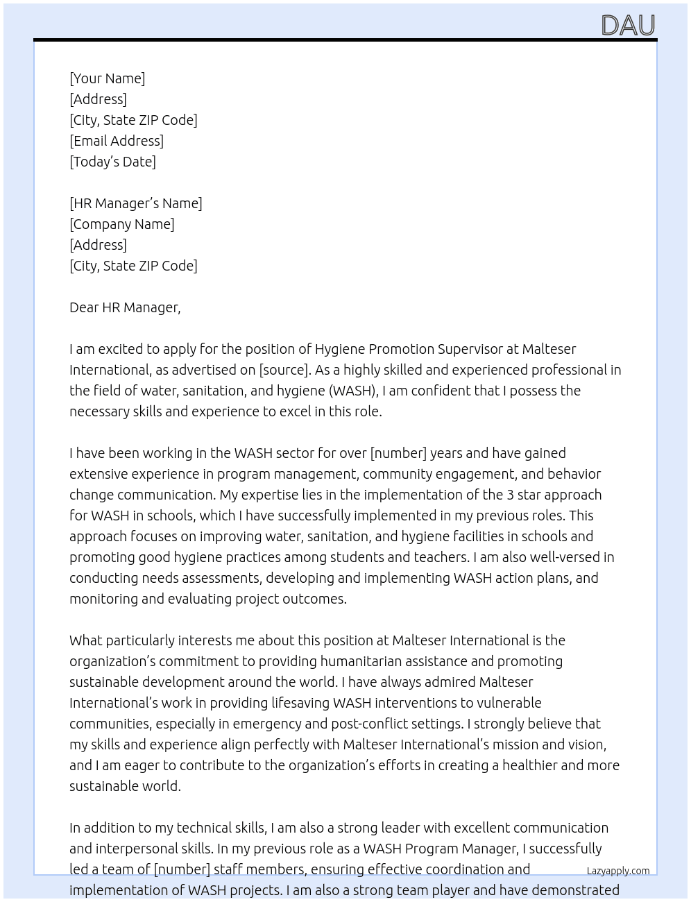 hygiene promotion supervisor At Malteser International Cover Letter