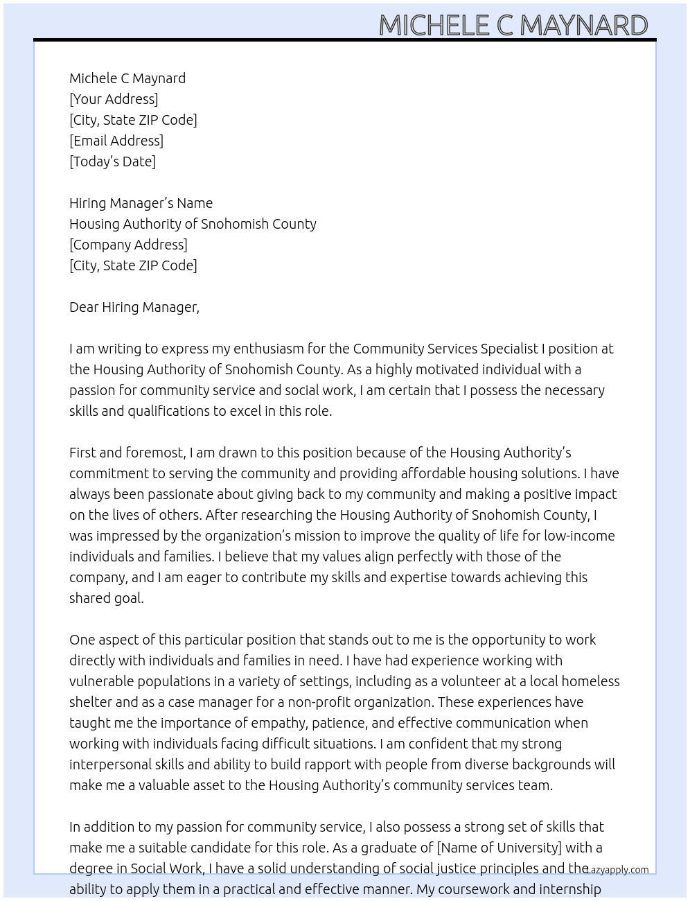 Community Services Specialist I  At Housing Authority of Snohomish County Cover Letter