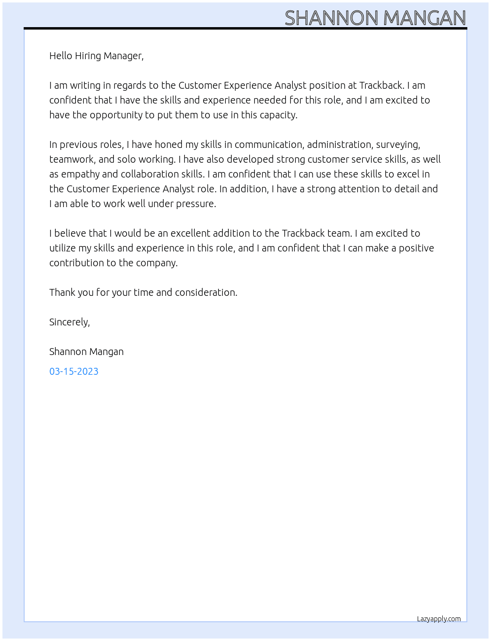 Customer Experience Analyst At Trackback Cover Letter