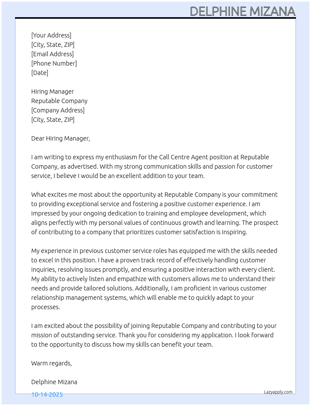 Call centre Agent At Reputable Company Cover Letter