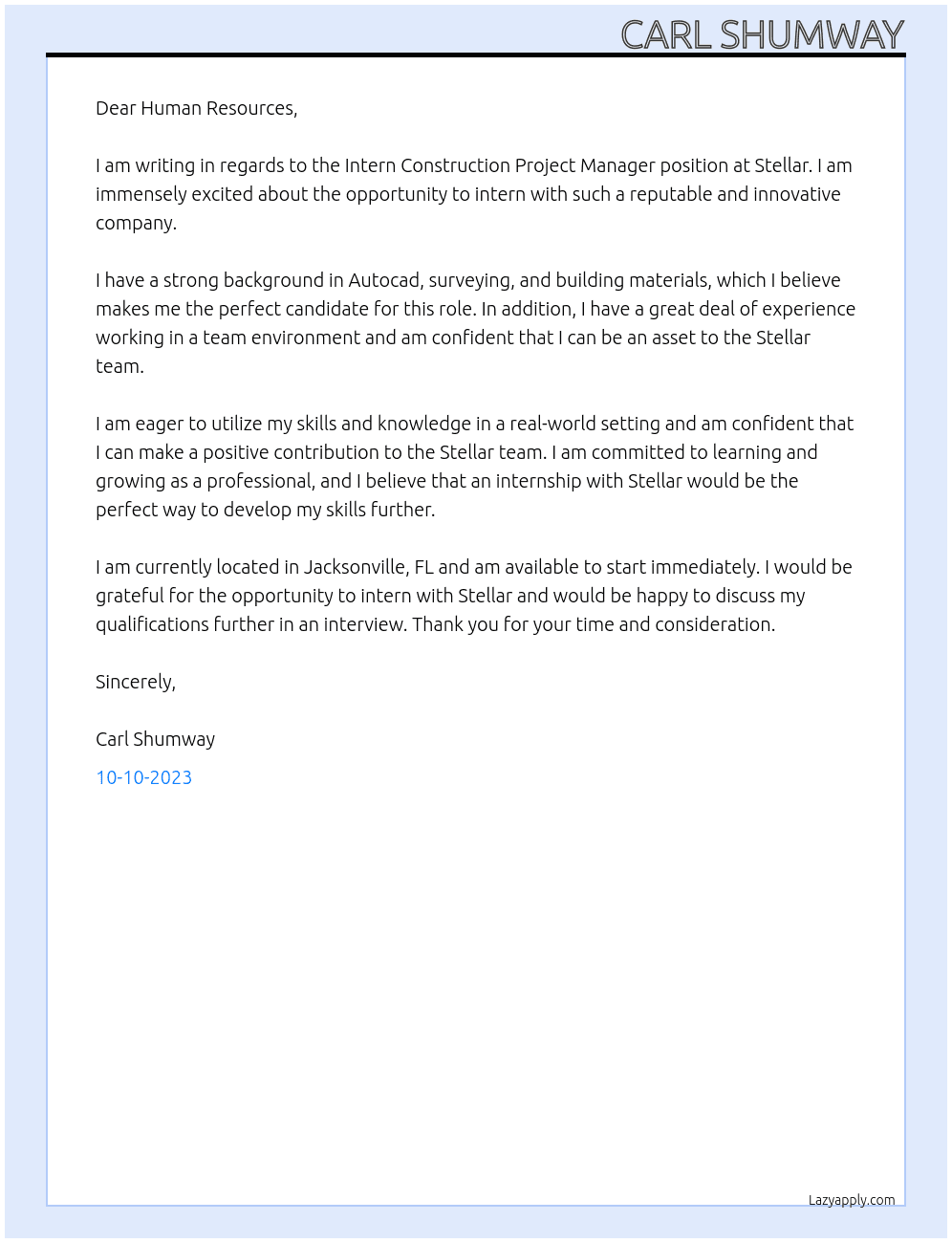 Intern construction project manager At Stellar Cover Letter