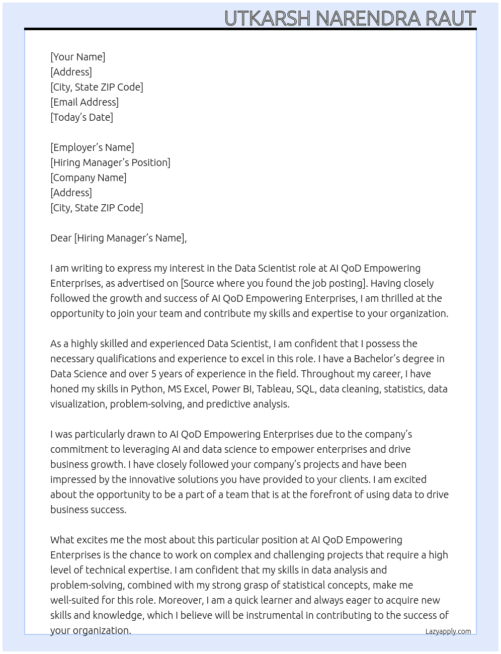 Data scientist  At AI QoD Empowering Enterprises Cover Letter