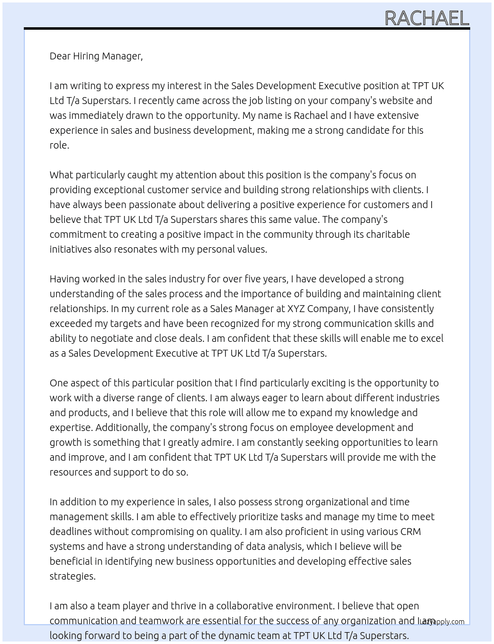 Sales Development Executive  At TPT UK Ltd T/a Superstars Cover Letter