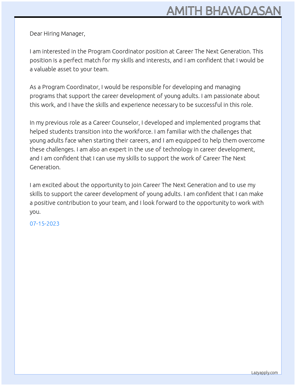Program Coordinator At Career The Next Generation Cover Letter