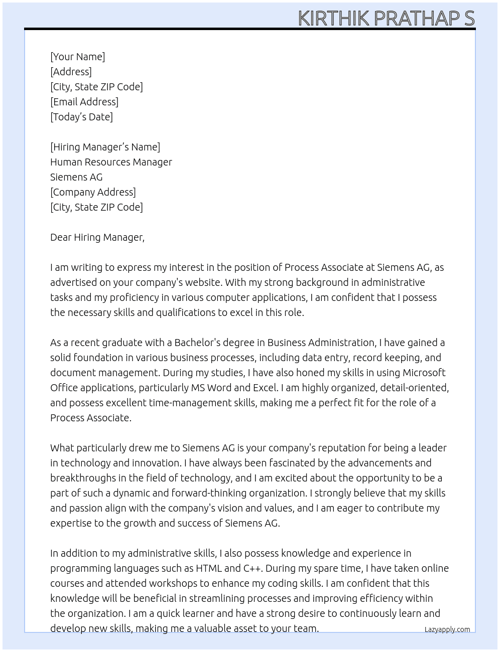 Process Associate At Siemens AG  Cover Letter