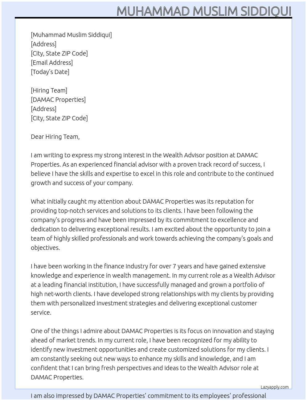  Wealth Advisor At DAMAC Properties Cover Letter