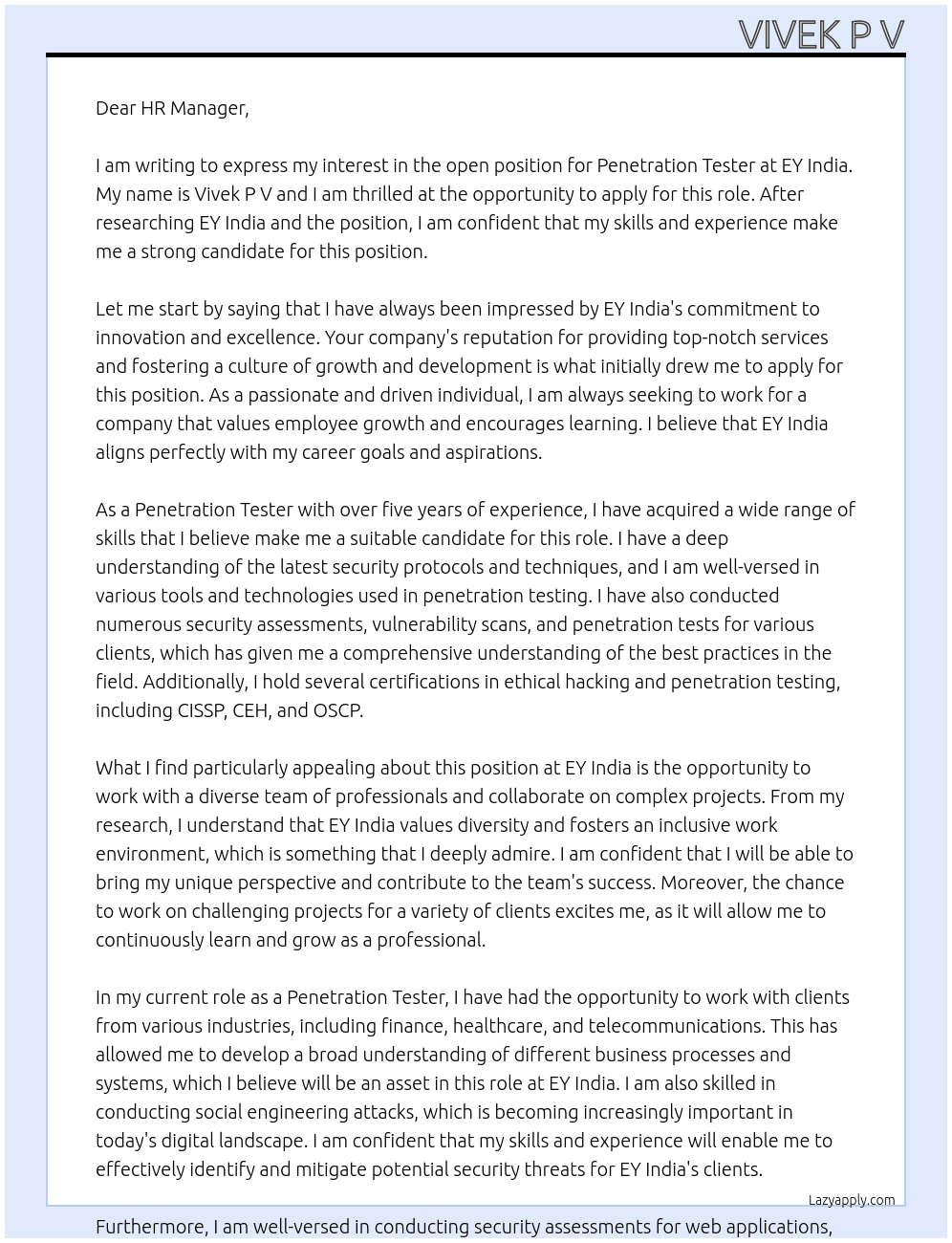 Application for Penetration Tester  At EY india Cover Letter