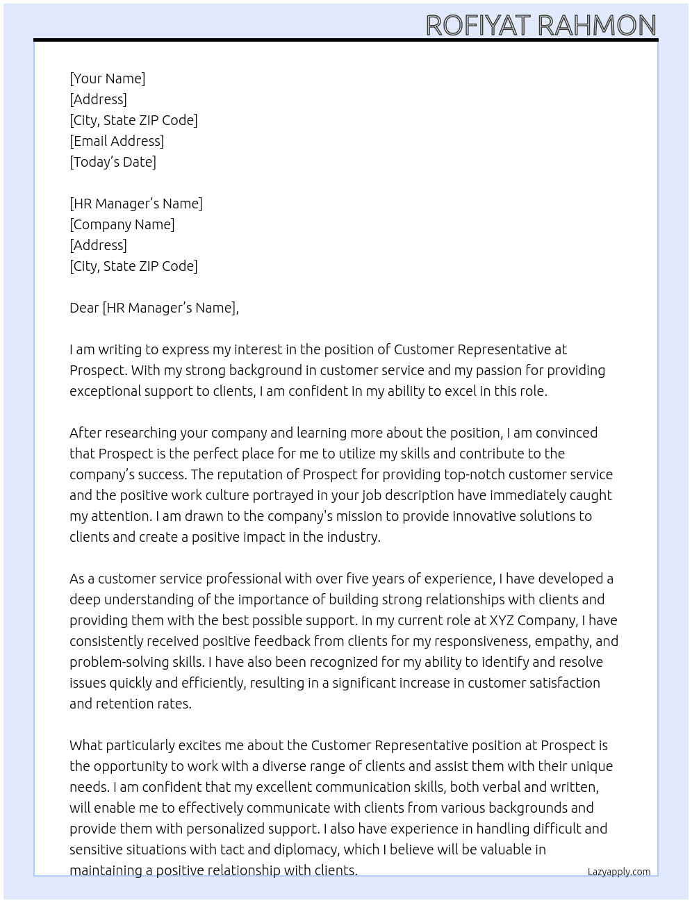 Customer representative  At Prospect  Cover Letter