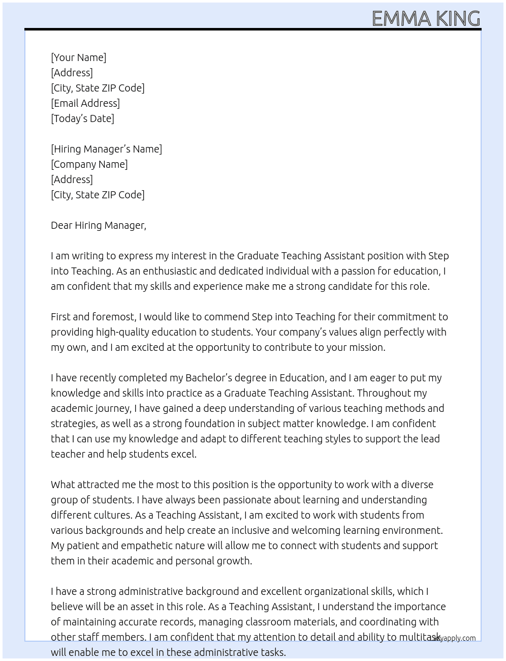 Graduate Teaching assistant  At Step into teaching  Cover Letter
