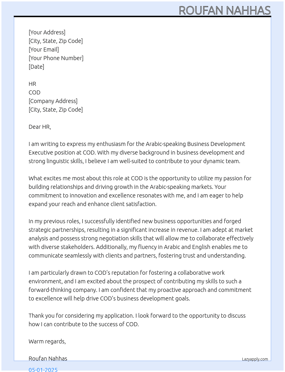 Arabic-speaking Business Development Executive At COD Cover Letter