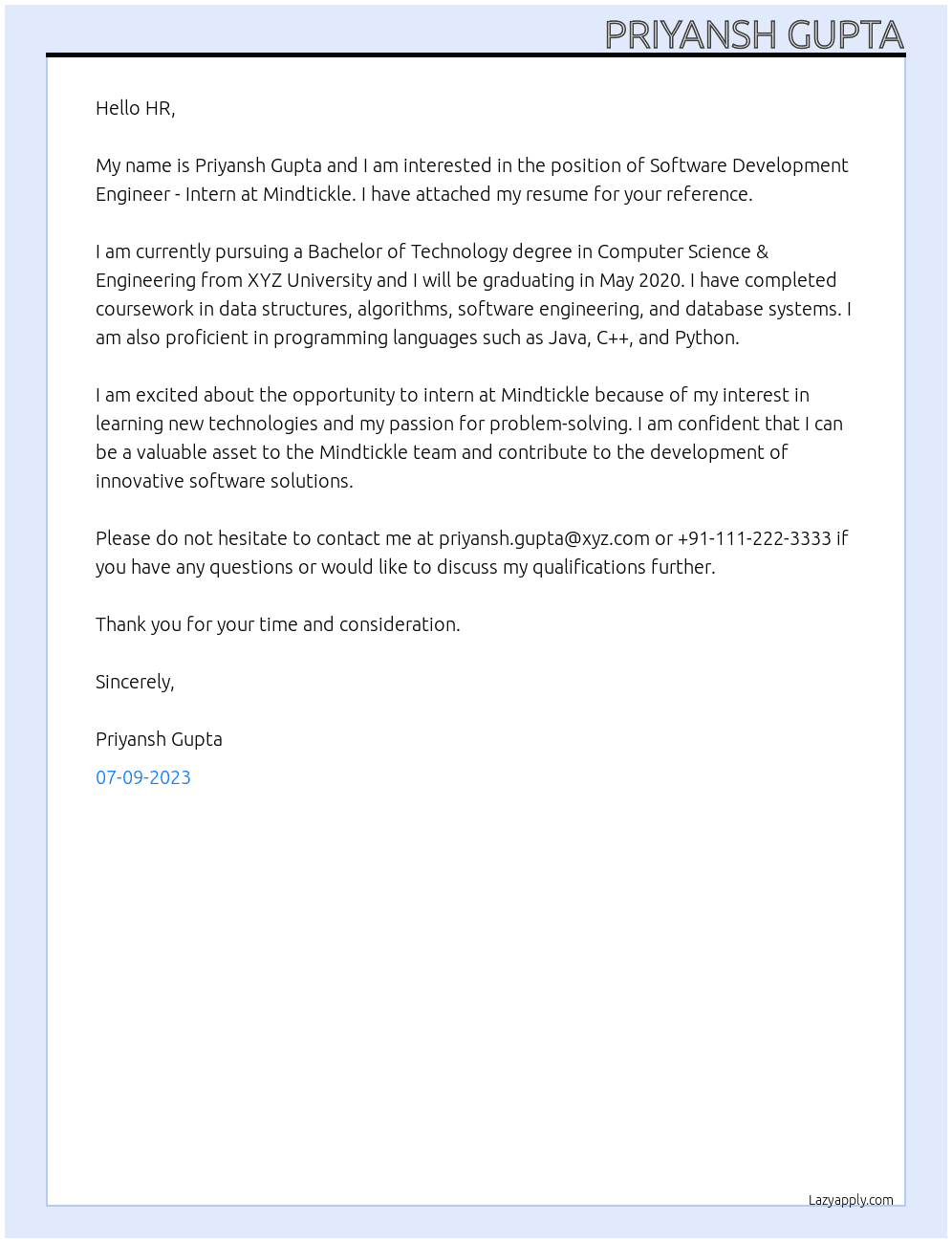 Software Development Engineer - Intern At Mindtickle Cover Letter