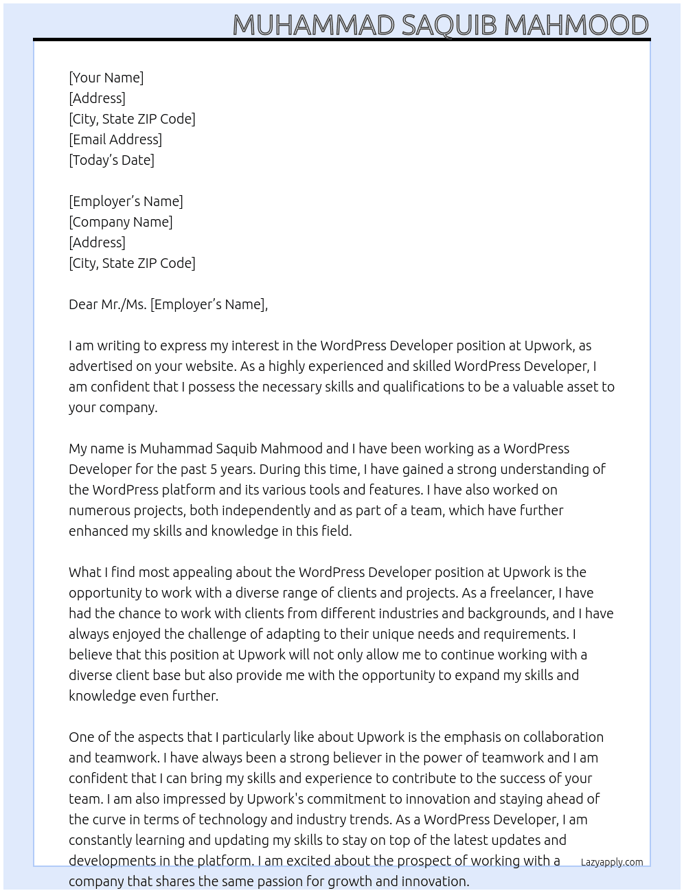 WordPress Developer At upwork  Cover Letter