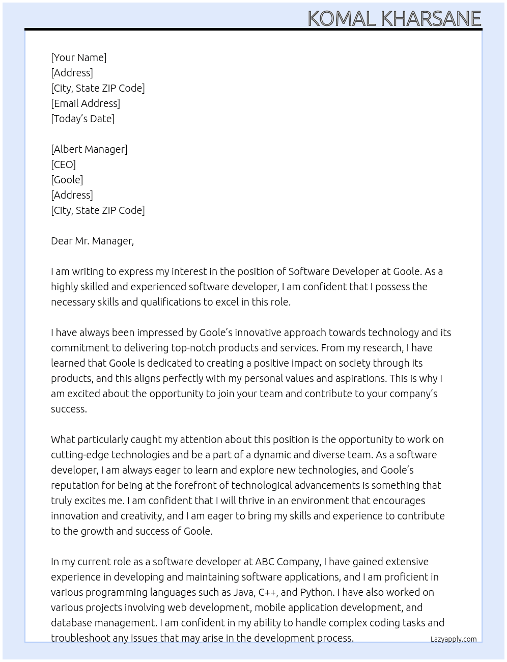 Software Developer At Goole Cover Letter