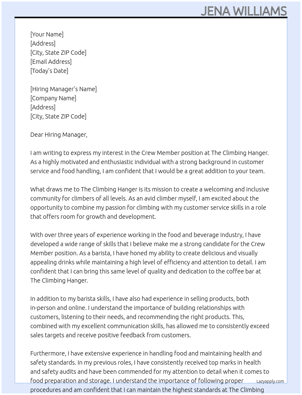 Crew Member At The Climbing Hanger Cover Letter